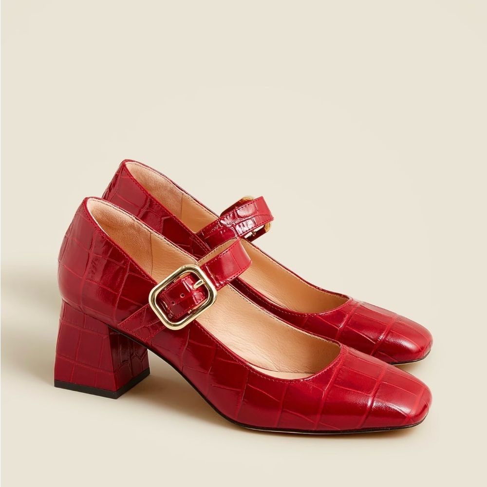 J Crew Jayne Red Croc-Embossed Leather Mary Jane Heels new in box